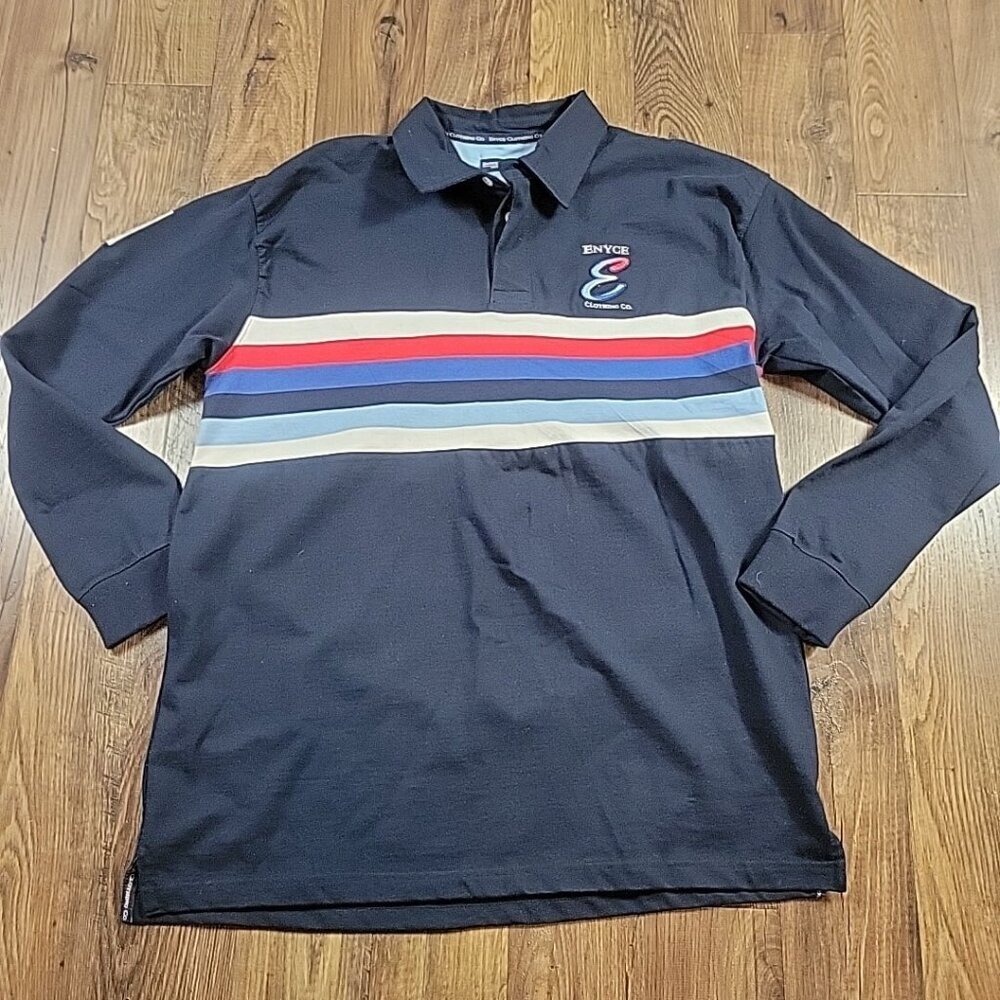 Enyce Polo Shirt Mens 2XL Blue  Embroidered Striped Long Sleeve Rugby Retro